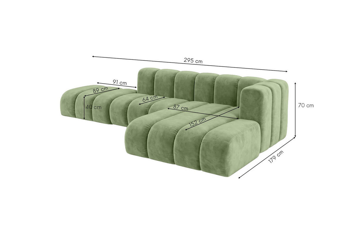 ECKSOFA Modulares In L-Form Mit Hocker, Velvet-Stoff Riviera, Olive, Rechts, GRAND Mini - Grün, Holz (295/179cm) - Kaiser Möbel
