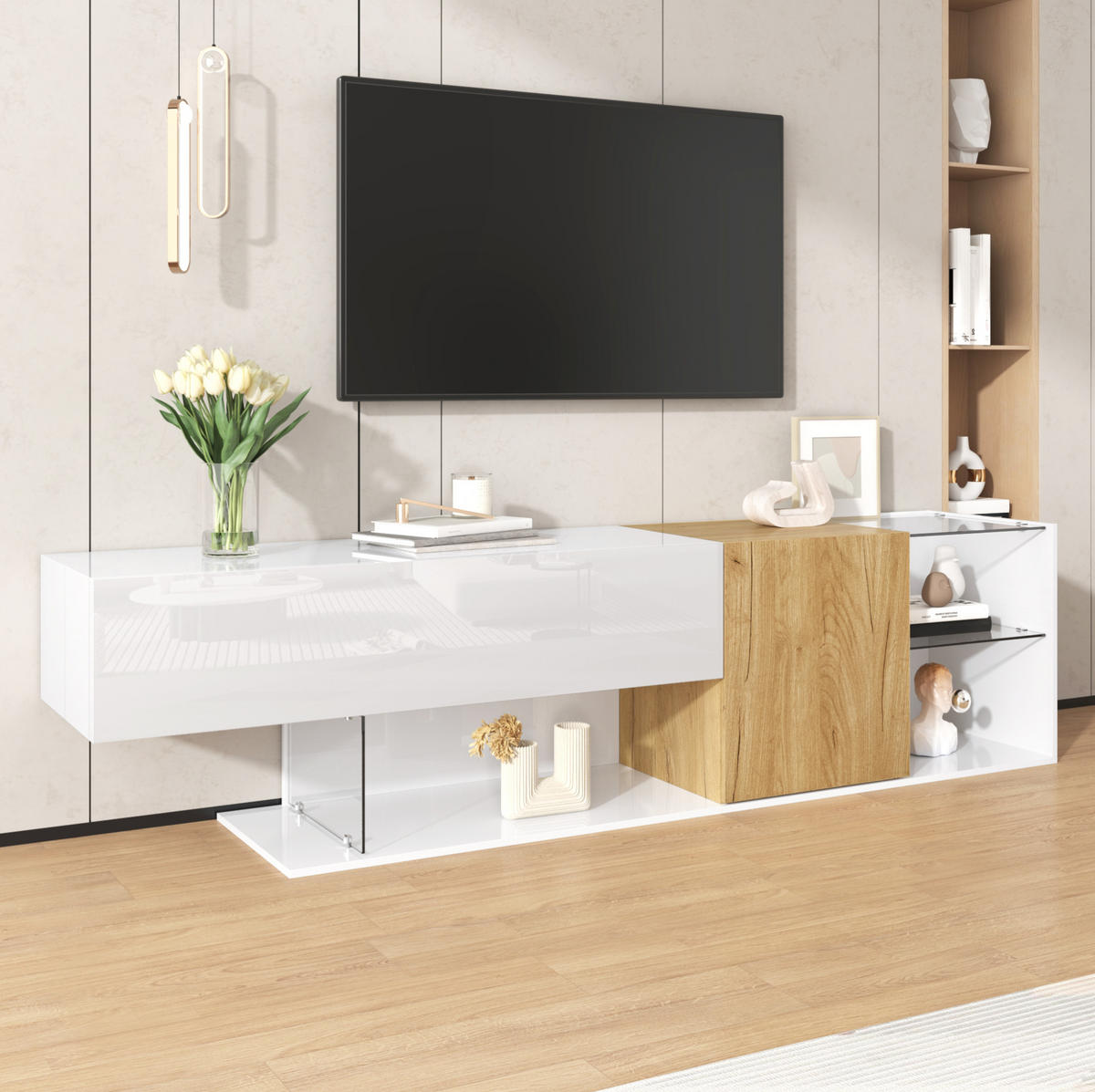 TV komoda z dřevotřísky 180x38x48 cm bílá/přírodní s částečným vysokým leskem, skleněnými policemi a úložným prostorem - bílá, kompozitní dřevo (180/48/38cm) - Modfu