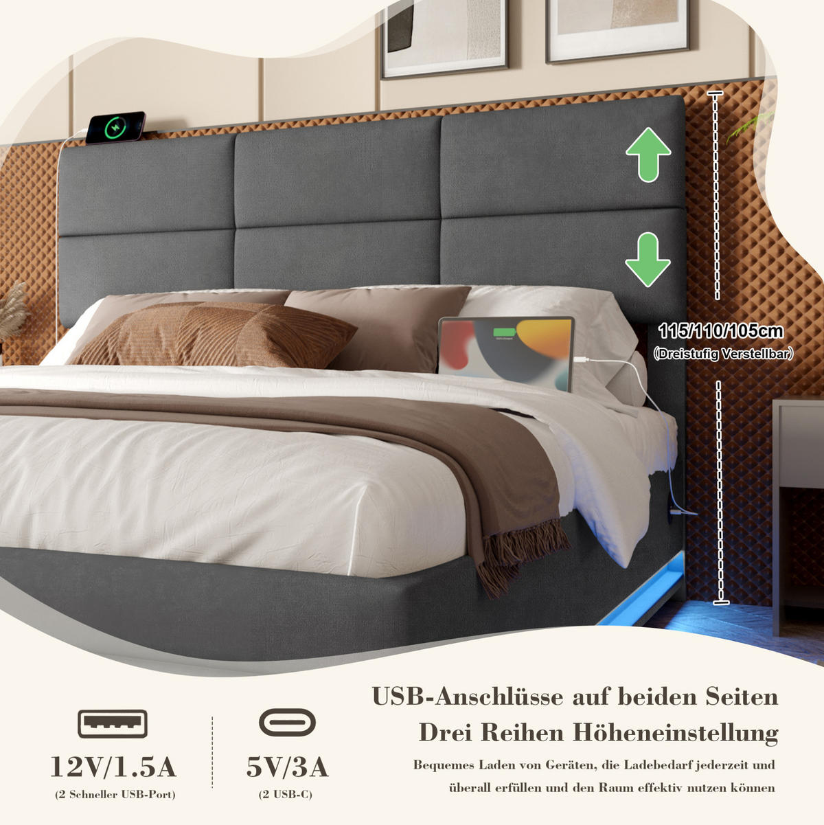 POLSTERBETT 160/200 cm mit LED-Beleuchtung, USB-Anschlüssen, hydraulischem Stauraum und verstellbarem Kopfteil, Dunkelgrau - Dunkelgrau, Textil (160/200cm) - Redom