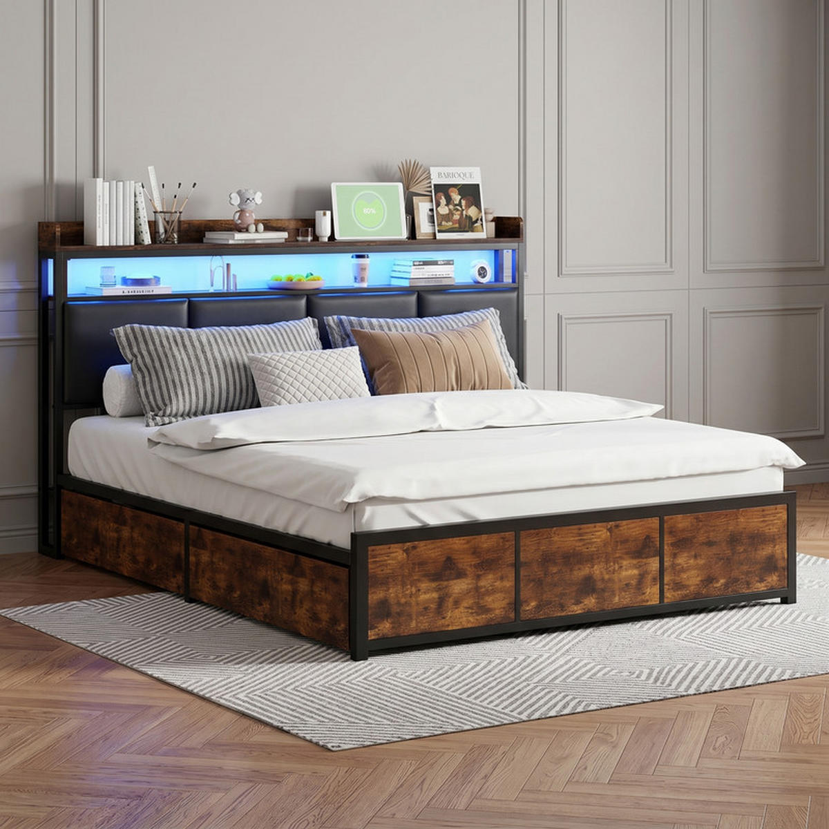 METALLBETT 180/200 cm mit Schubladen und LED - Schwarz, Holz - SHOPENTRA