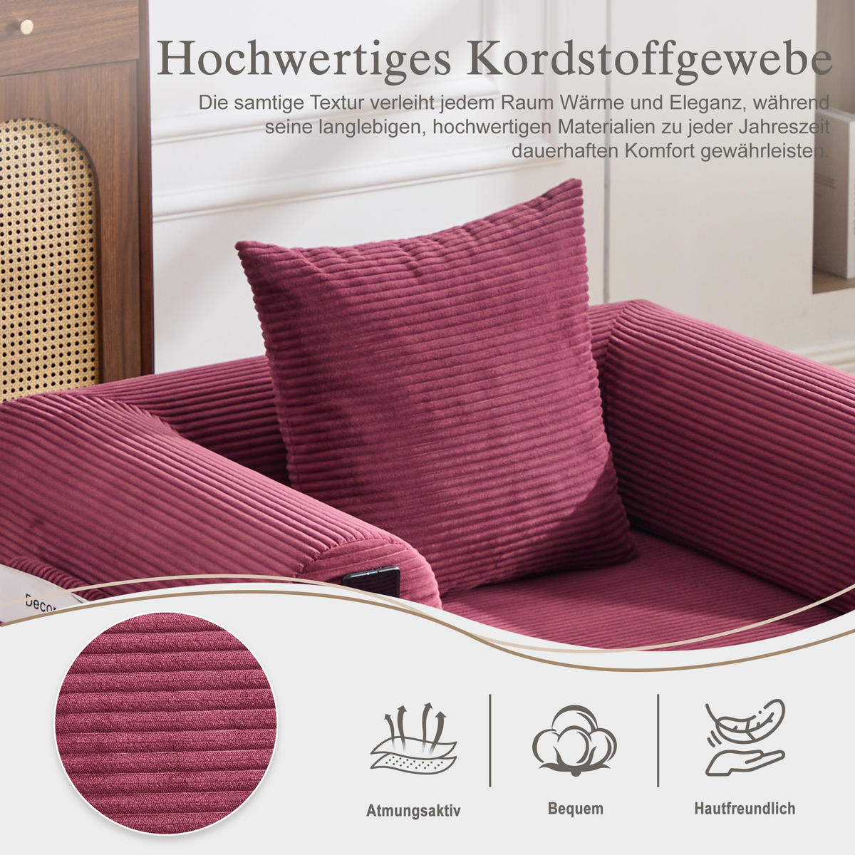 SOFA Cord Weinrot mit Kissen und Hocker - Weinrot, Textil/Metall (112/67/190cm) - WISHDOR