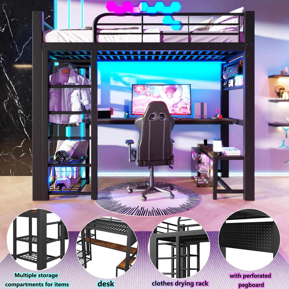 HOCHBETT 90/200 cm aus Metall mit LED und Stauraum, Schwarz - Schwarz, Metall (90/200cm) - OKMYHOME