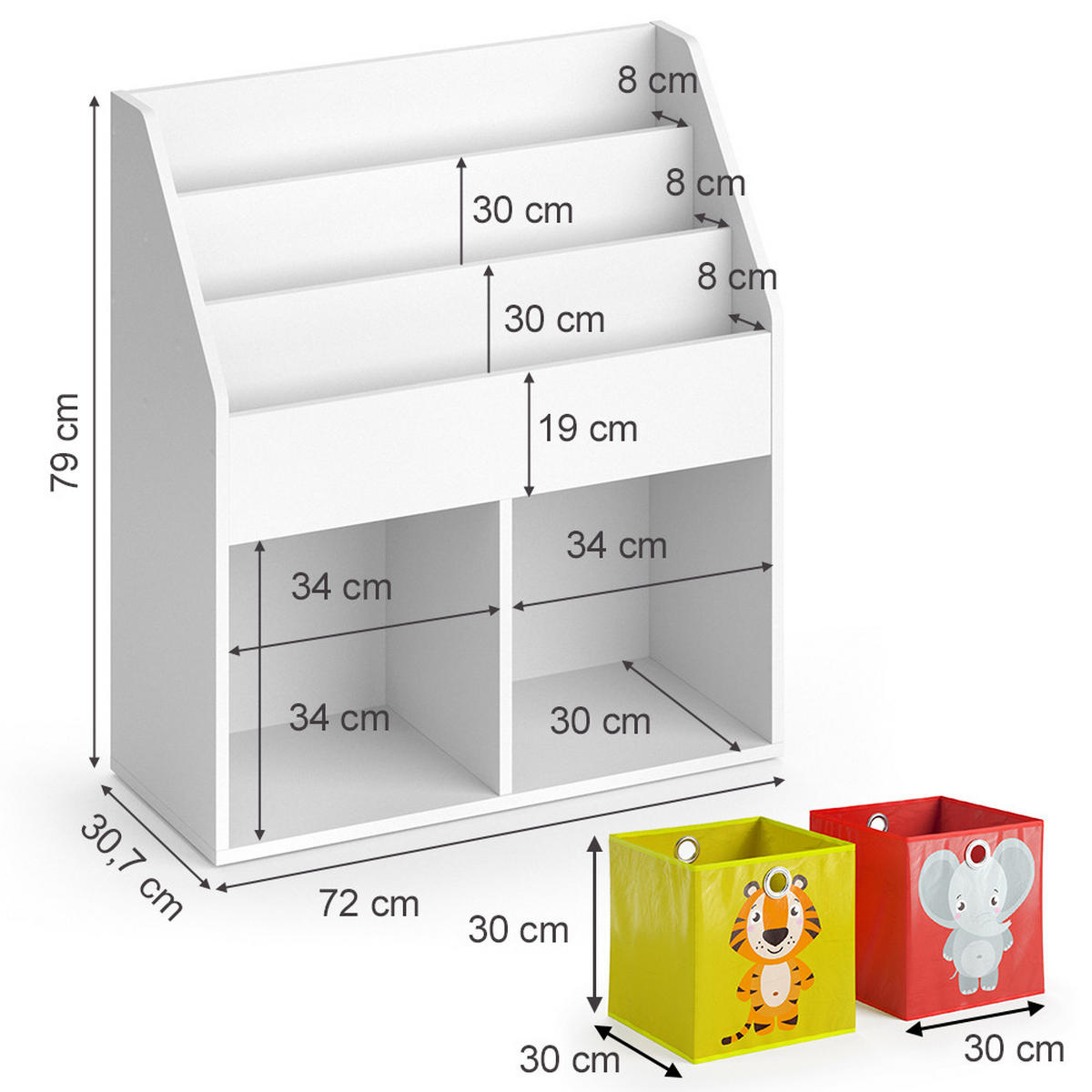 KINDERREGAL Luigi Weiß 72 x 79 cm mit 2 Faltboxen opt.2 - Weiß, Holzwerkstoff (72/79/30.7cm) - Vicco