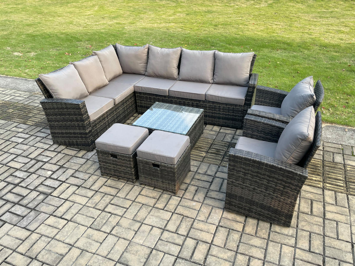BALKONMÖBEL-SETS mit Ecksofa,Quadratischer Couchtisch,2 Hocker,2 Sesseln Polyrattan Dunkelgrau 10-Sitzer - Dunkelgrau/Grau, Glas/Kunststoff - Fimous