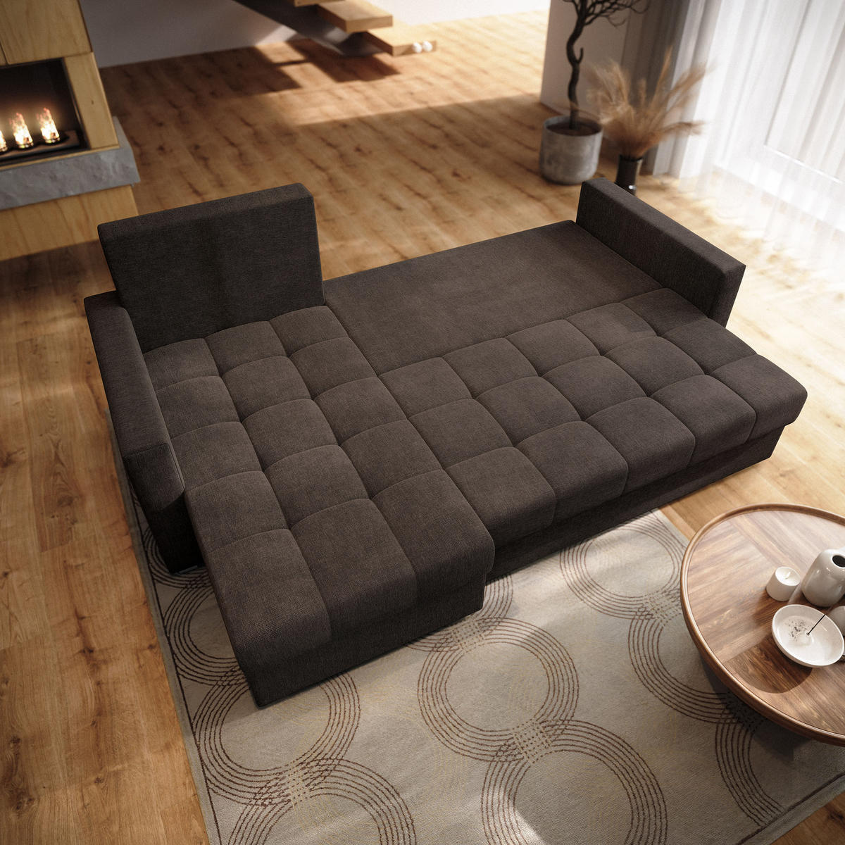 ECKSOFA NIDA Braun Geflochtener Stoff mit Schlaffunktion - Braun, Holz (220/143cm) - MASSENO