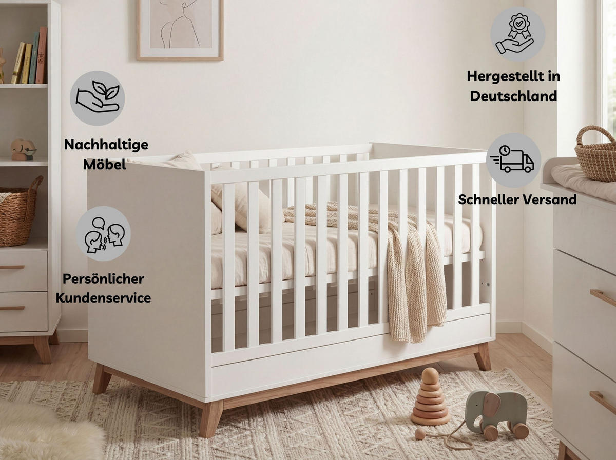 BABYBETT Lina 4x höhenverstellbar Weiß/Waluss - Walnussfarben/Weiß, Holz/Holzwerkstoff (70/140cm) - arthur berndt