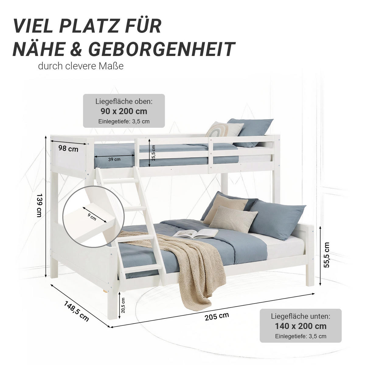 ETAGENBETT 90/200 cm 140/200 Weiß - Weiß, Holz (140/200cm) - Homestyle4u