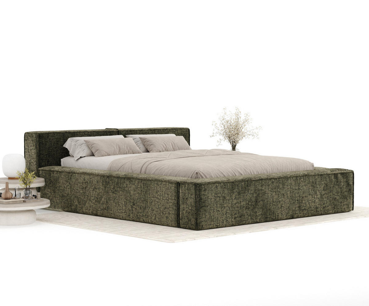 POLSTERBETT Voliera Olivgrün 180/200 cm im Chenille-Stoff - Birkefarben/Schwarz, Holz/Holzwerkstoff (180/200cm) - Maison de Reve