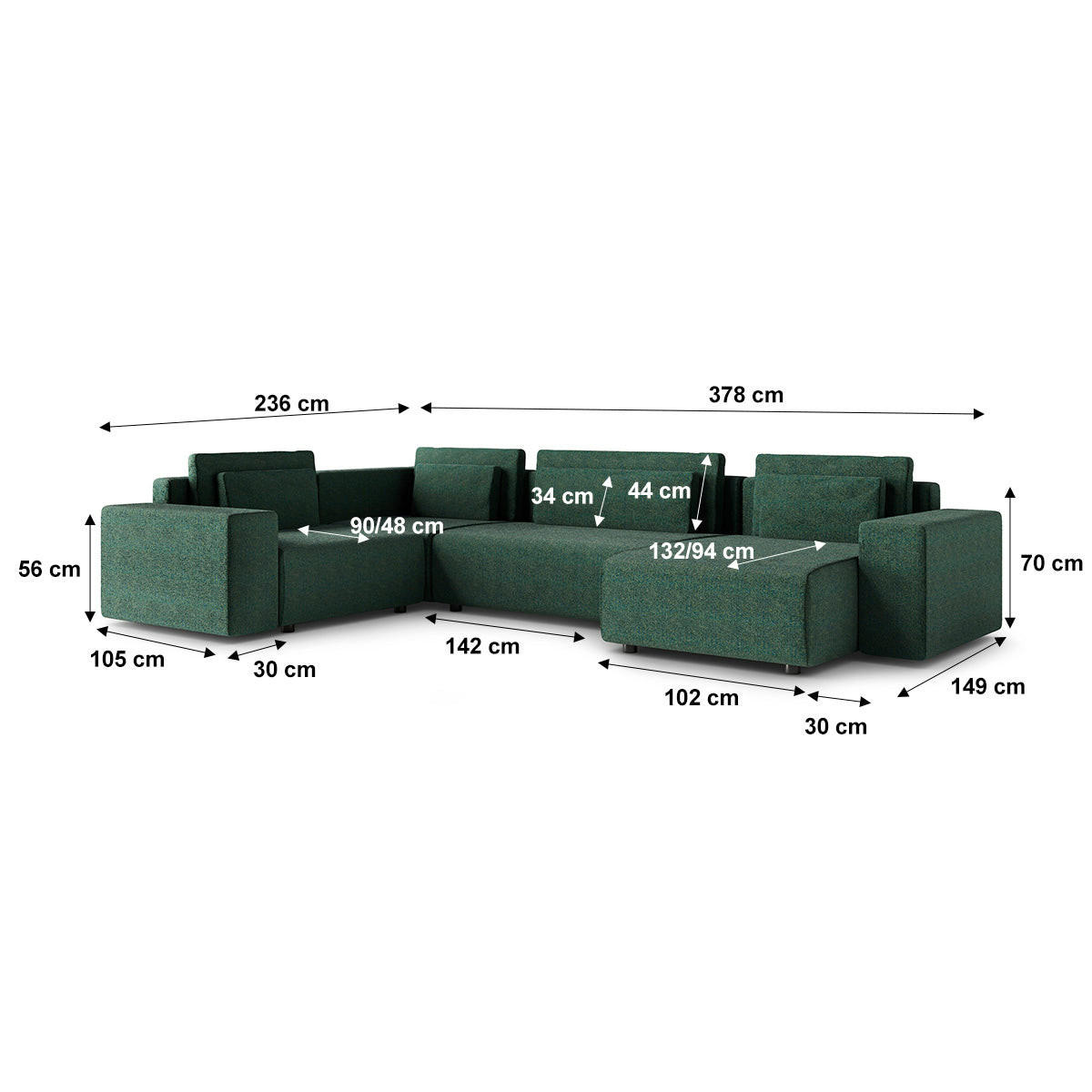 PANORAMASOFA Lorenzo 5 Sitzplätze Grün - Grün, Holz (378/85/236cm) - Petits-meubles