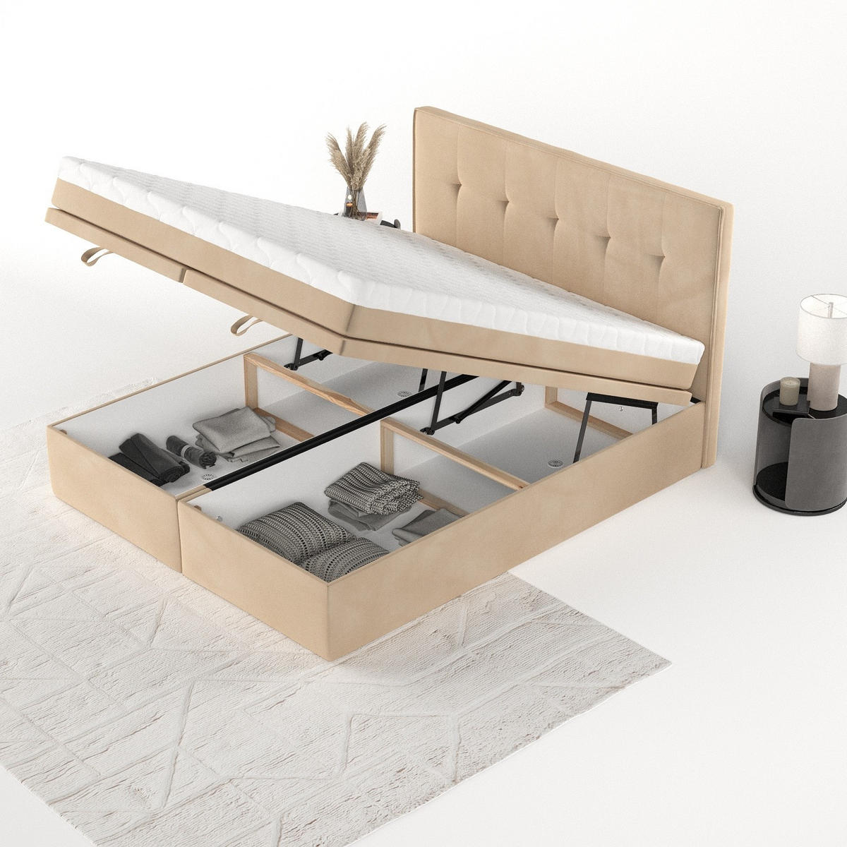 BOXBETT Arivo 200/200 cm Beige im Kronos Stoff - Beige/Schwarz, Holz/Holzwerkstoff (200/200cm) - AltaBeds