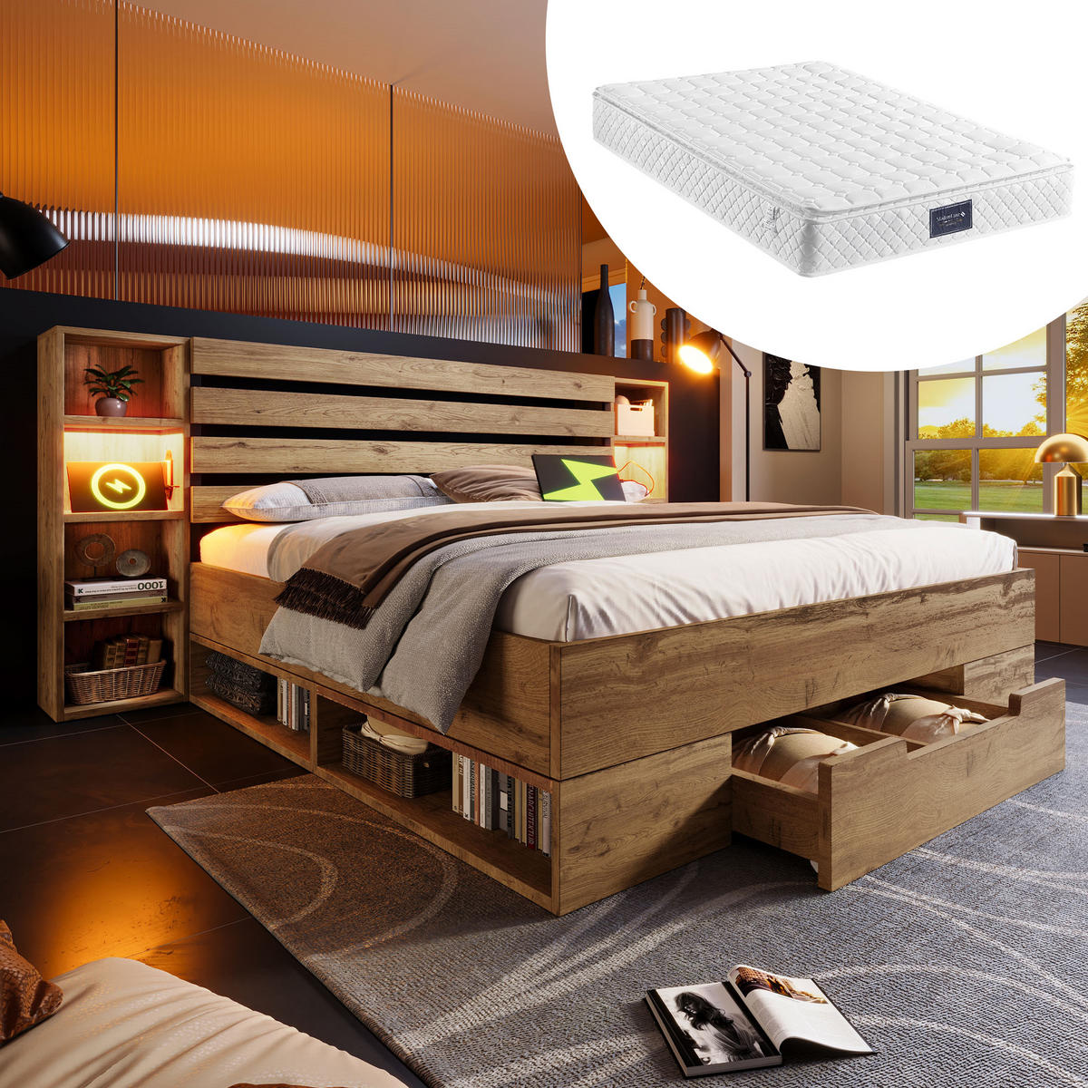 HOLZBETT 160/200 cm DE-00968, in Eiche, LED, Schubladen und Matratze - Eichefarben, Holz (160/200cm) - ComfortXL