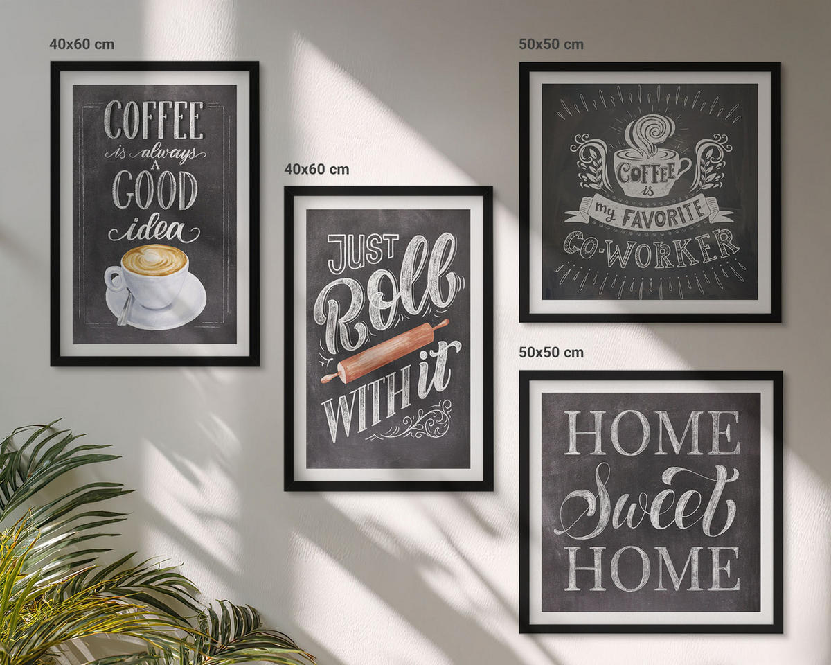 BILDER SET 4er Set - 50x50 cm & 40x60 cm Schwarzer Rahmen - Kaffeeroller, heimelige Wärme - Schwarz, Kunststoff (50/50cm) - TULUP