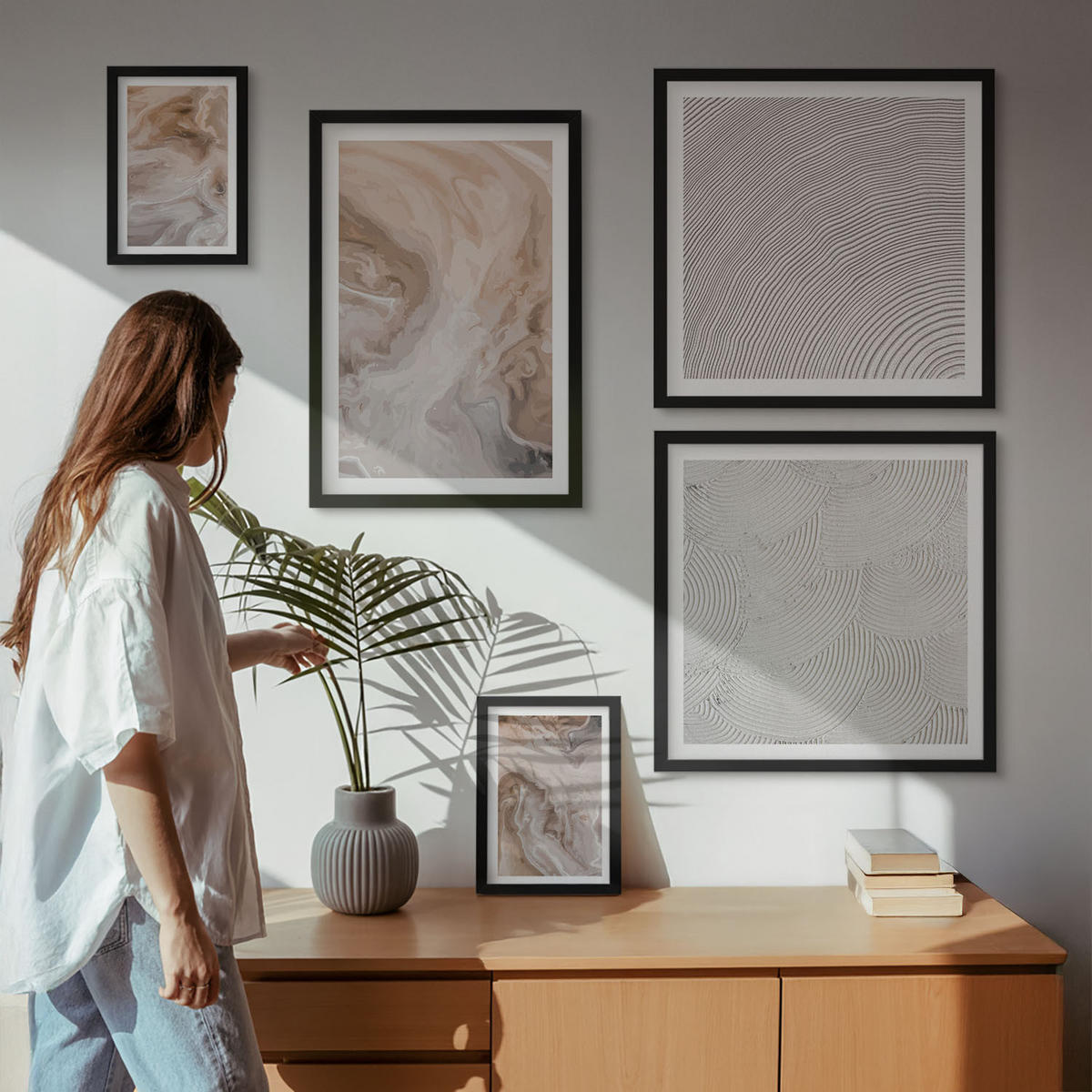 WANDBILDER 5er-Set - 50x50 cm & 20x30 cm & 40x60 cm Schwarzer Rahmen - Marmorstein-Texturmuster - Schwarz, Kunststoff (40/60cm) - ArtPrintCave