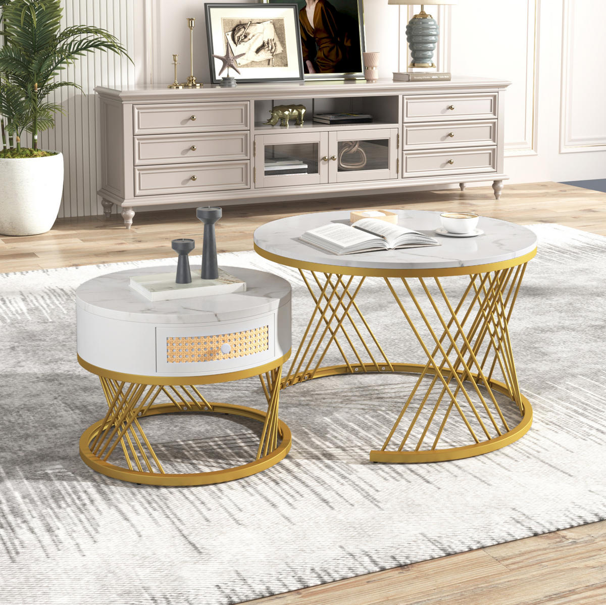 KLUBSKA miza, set 2 kosov, 70/70/45,5 in 50/50/38,5 cm, MDF bela z marmornim vzorcem - bela, leseni material (70/70/48cm) - BEAOK