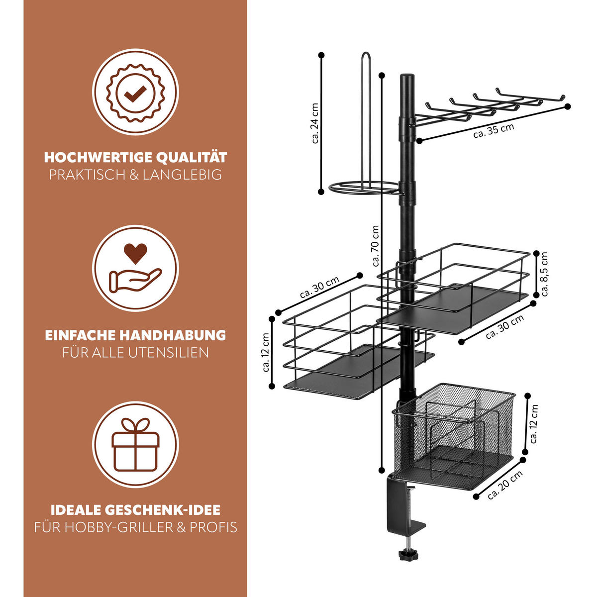 GRILLZUBEHÖR-ORGANIZER 5in1, schwarz, Metall - Schwarz, Metall (35cm) - eluno