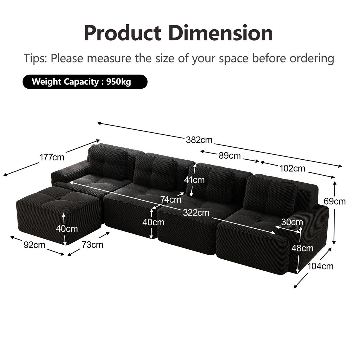 SOFA modular 4-Sitzer mit Tiefsitz Cord Schwarz - Schwarz, Kunststoff (177/382.1cm) - Meubliv
