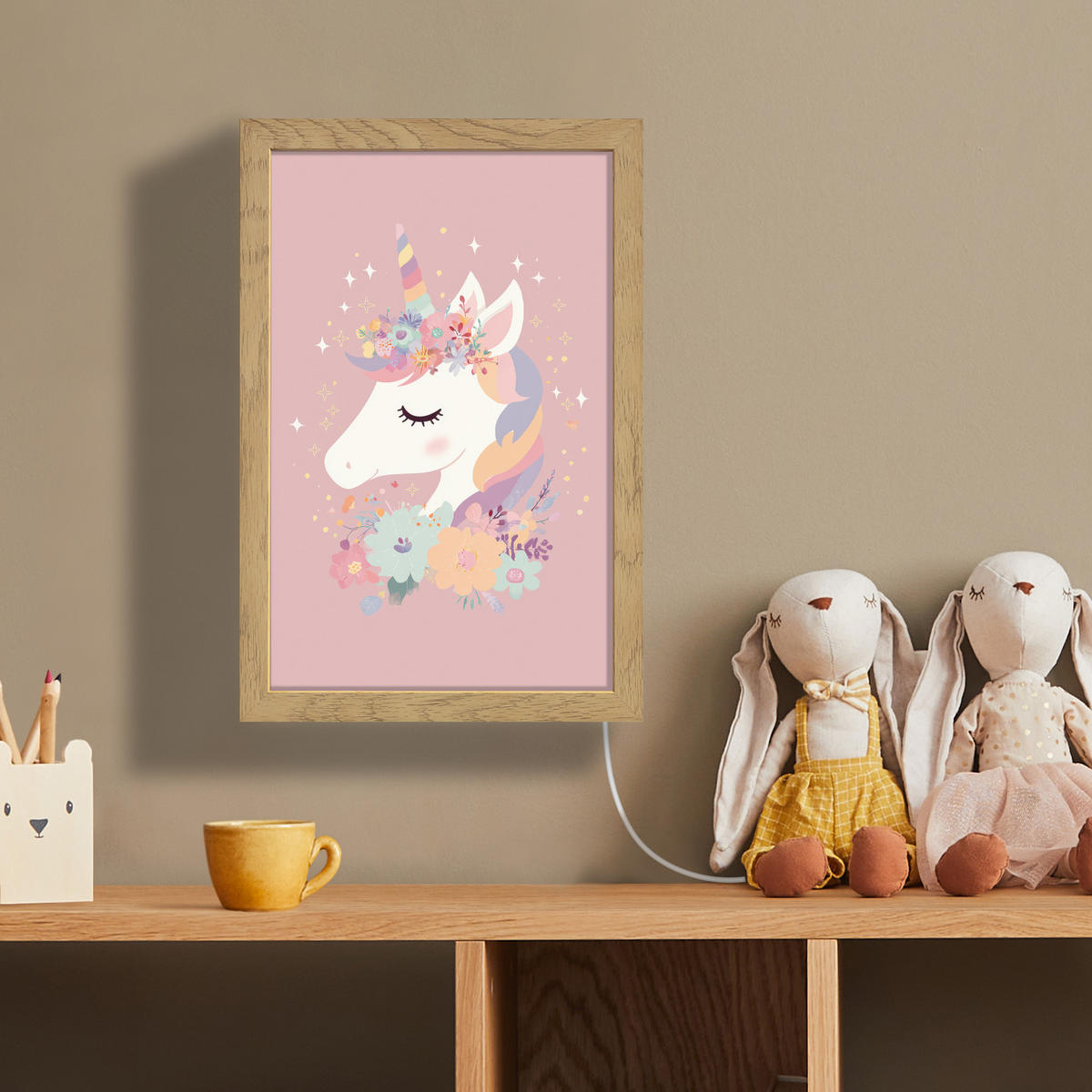 NÁSTĚNNÁ LAMPA Jednorožec - růžová - květiny 20x30 cm - růžová, kompozitní dřevo (20/30/8cm) - OnlyWow
