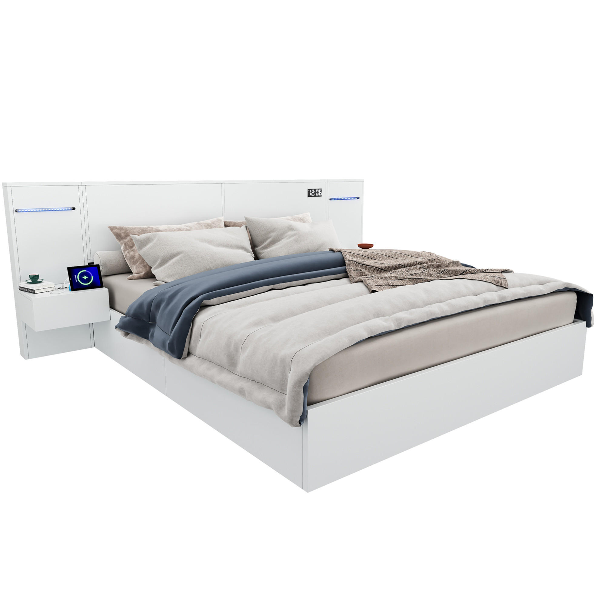 POLSTERBETT 180/200 cm Weiß aus MDF mit Bluetooth-Lautsprechern und LED-Lichtleiste - Weiß, Holzwerkstoff (180/200cm) - OKMYHOME