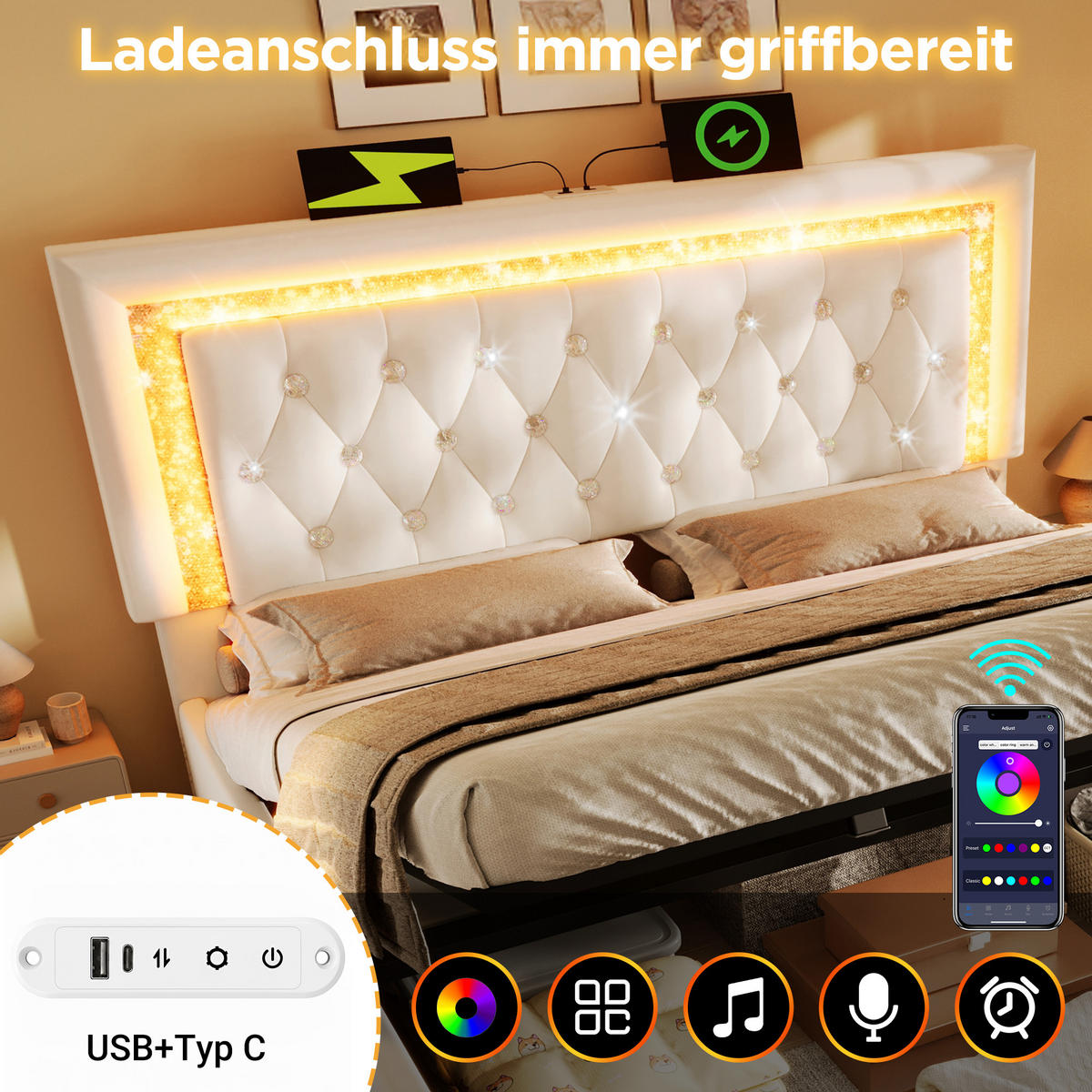 POLSTERBETT 160/200 cm Beige mit LED-Beleuchtung und Stauraum aus Samt - Beige, Textil (160/200cm) - OKWISH