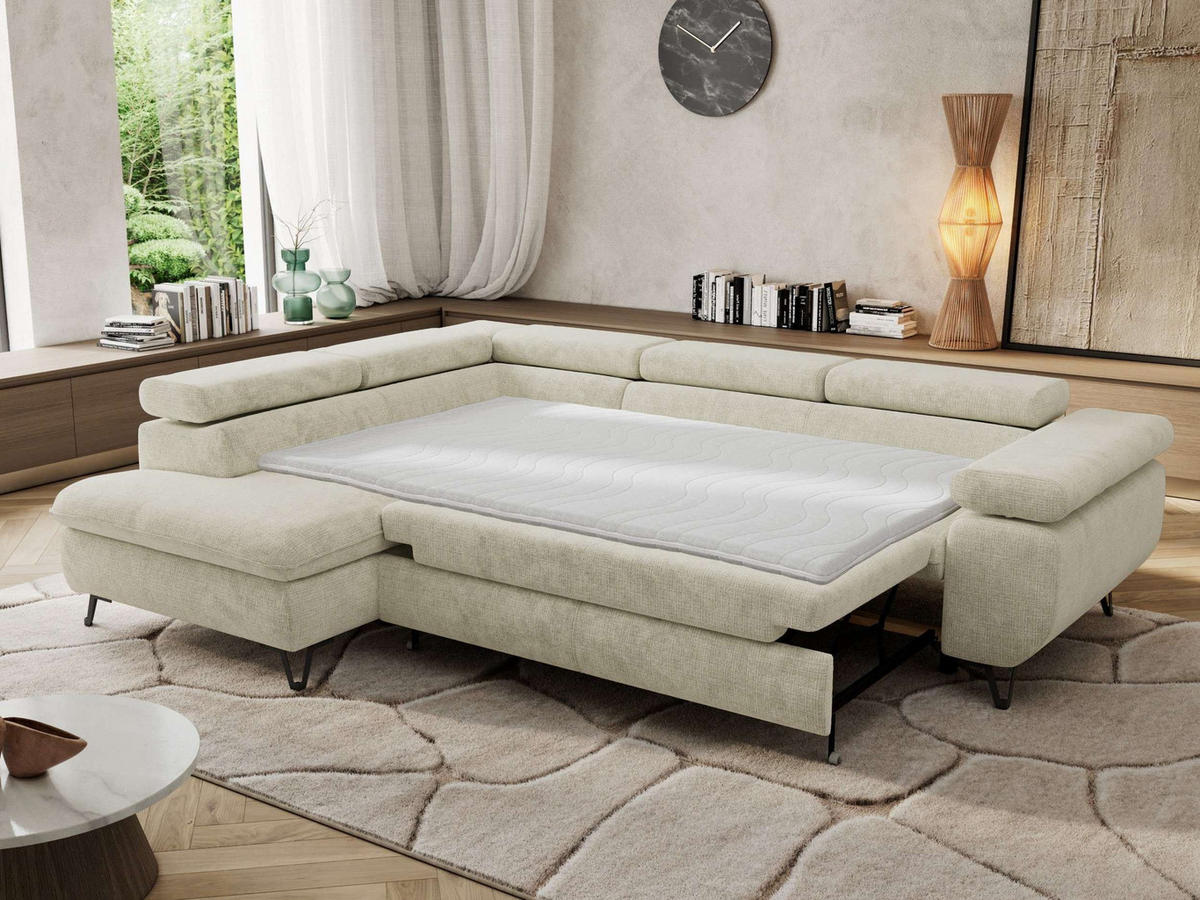 ECKSOFA PABLO L Creme Schenille grob gewebt - Links Seite mit T25 Topper - Creme/Schwarz, Textil/Metall (208/273cm) - MKS