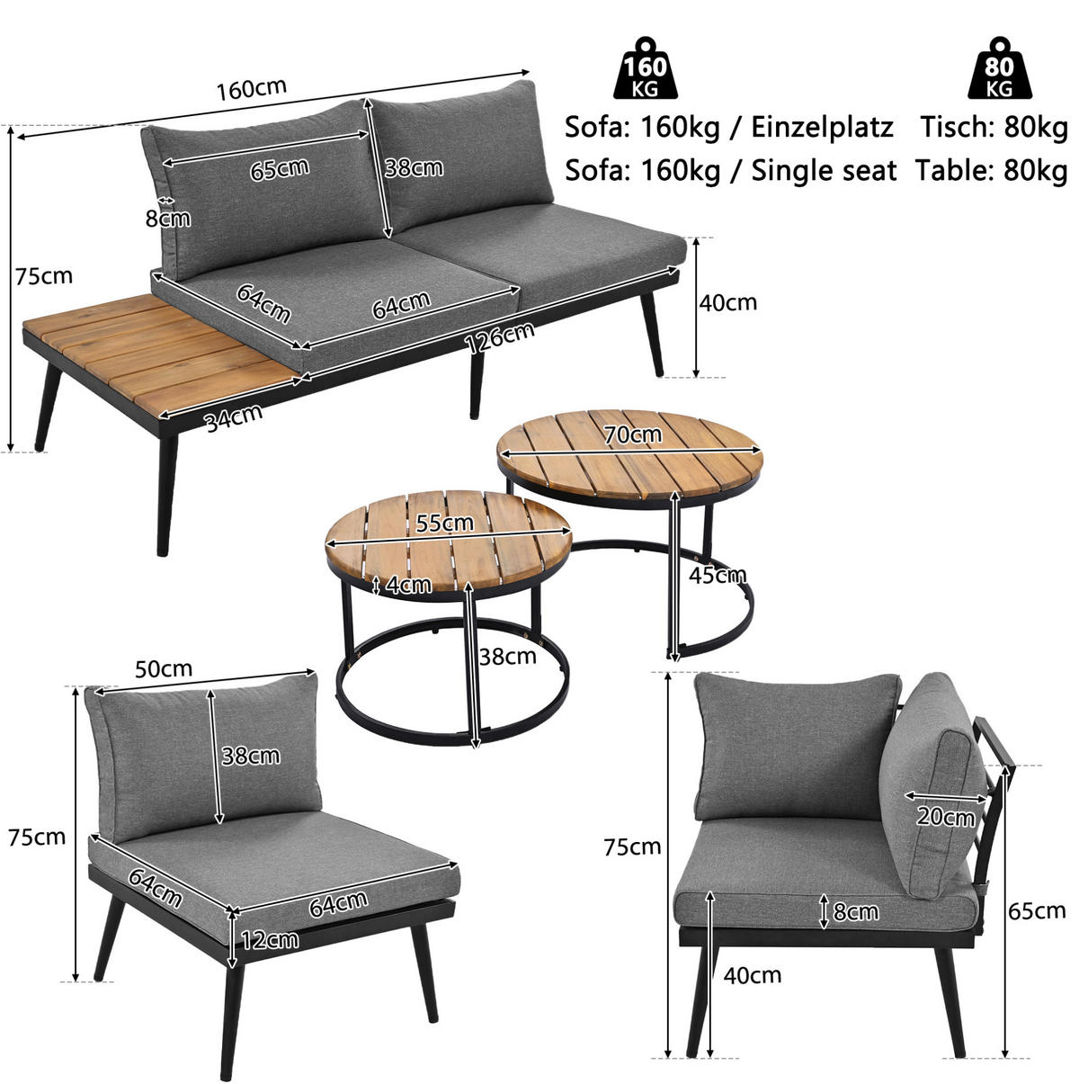 GARTENLOUNGE-SET 160/64/75 cm 6-tlg. mit 8 cm Kissen, modularer Kombination und verzinktem Eisenrahmen, Antikgrau - Grau, Metall - Redom