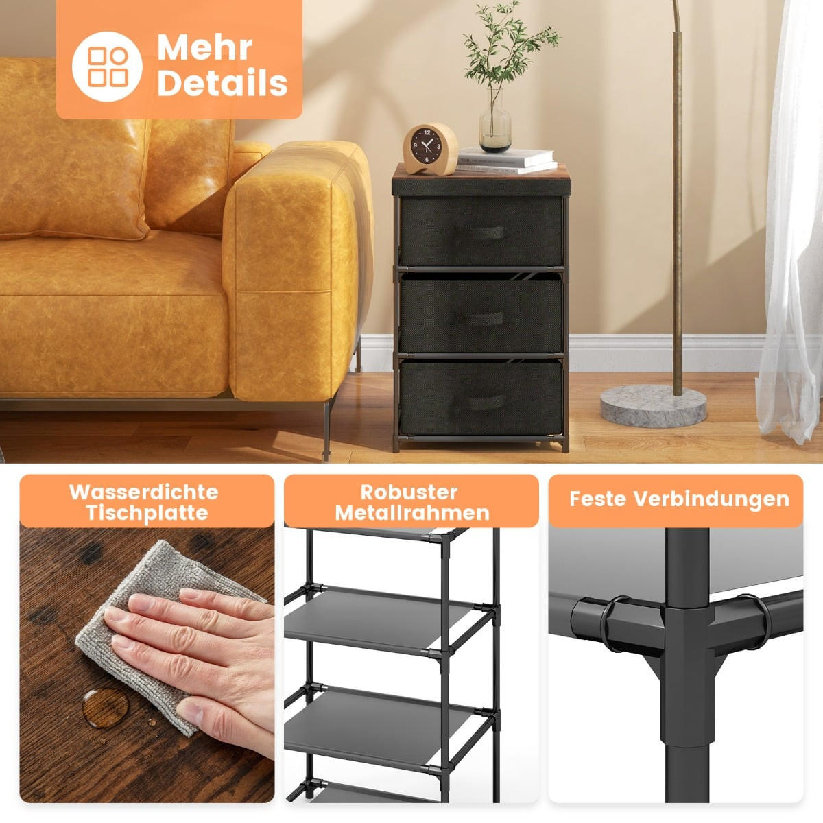NACHTTISCH mit 3 Stoffschubladen, Metallrahmen, 40 x 30 x 62 cm, Schwarz, 2er-Set - Schwarz, Textil (40/62/30cm) - DESIGN IN