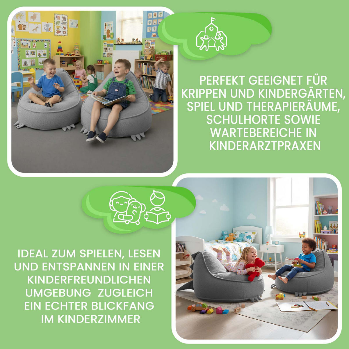 SITZSACK FÜR KINDER Dino 75/75/55 cm, weicher Bouclé 315 g/m², abnehmbarer Bezug, Pearl Grey - Hellgrau, Textil (75/55/75cm) - Dreamroots
