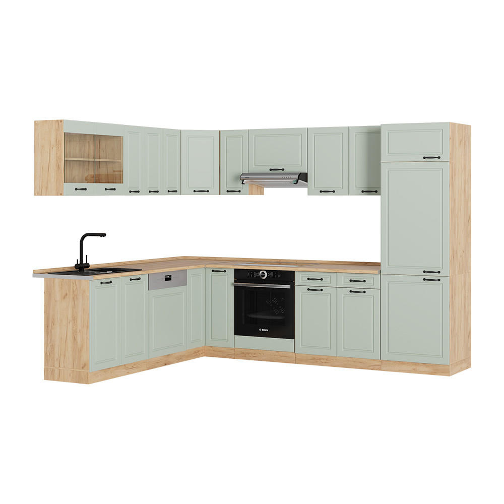 ECKKÜCHE R-Line, Mint Landhaus/Goldkraft Eiche, 287 x 227 cm - Honigeiche/Grün, Holzwerkstoff (287/206.8/60cm) - Vicco