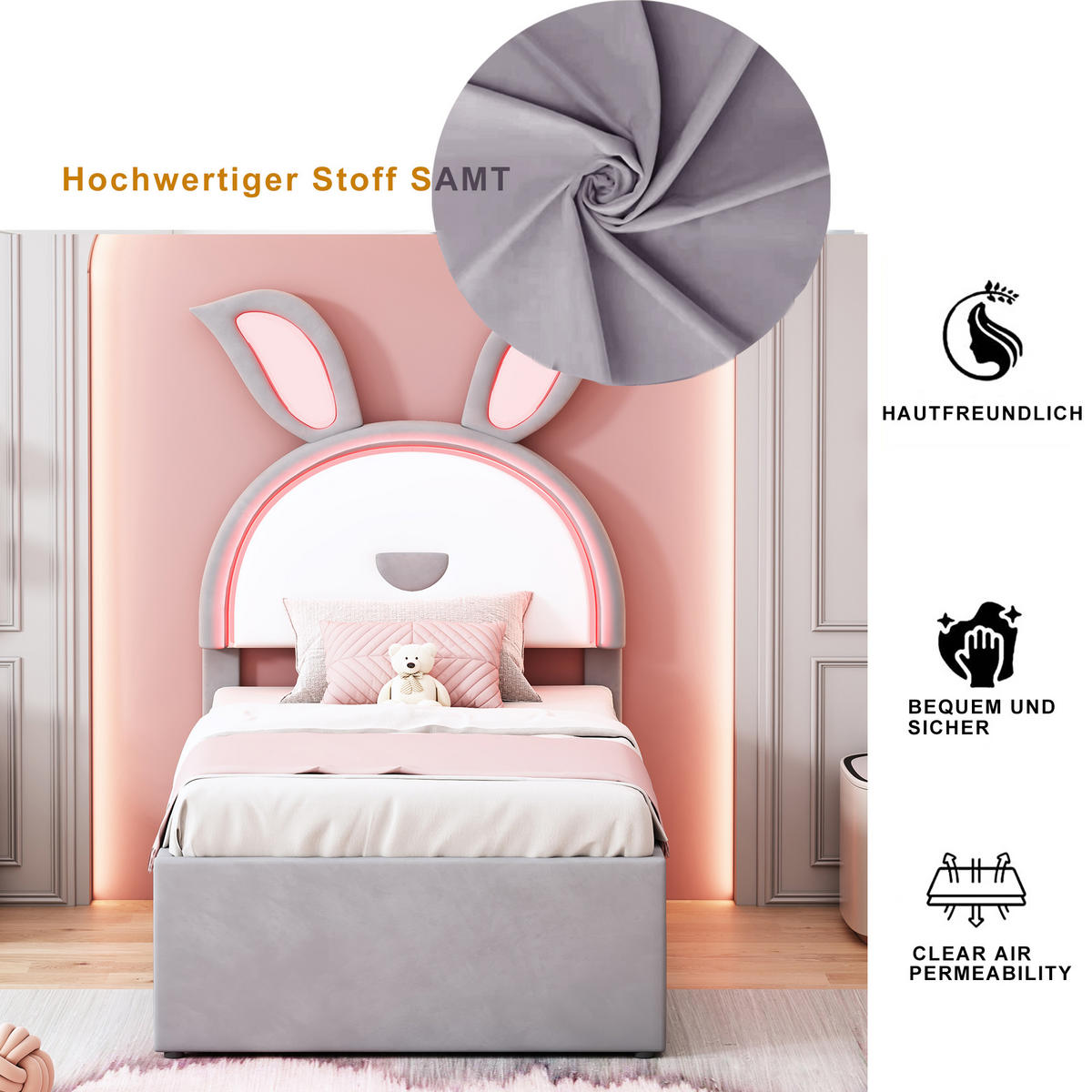 KINDERBETT 90x200 cm LED Rollbett grau - Grau, Textil (90/200cm) - LEBENLANG