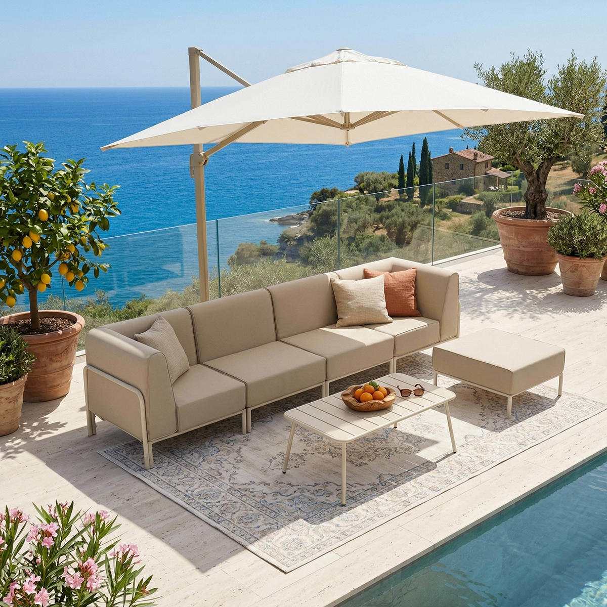 GARTENSOFA mit 5 Sitzplätzen, Beige - Beige, Textil (288/78/80cm) - Oviala