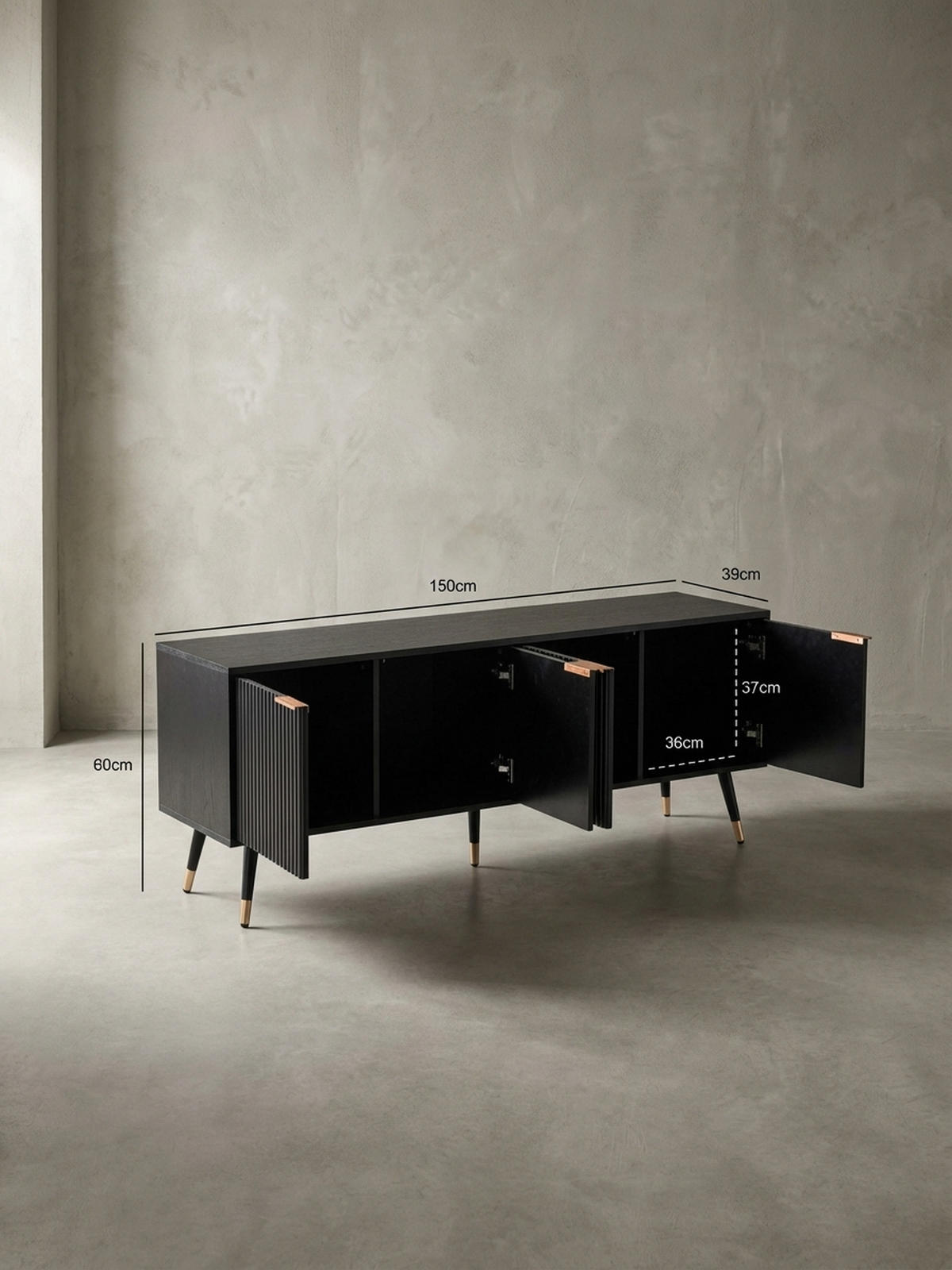 LOWBOARD Schwarz Eiche-Dekor Modern Stil 150x60x39 cm mit Türen - Schwarz, Holzwerkstoff/Metall (150/60/39cm) - KADIMA DESIGN