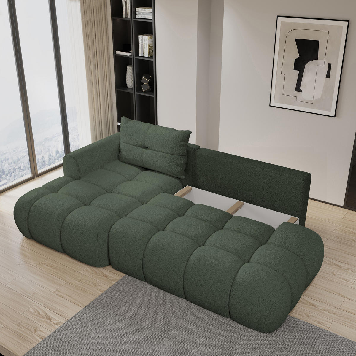 ECKSOFA FLUMA L-S Grün Boucle-Stoff mit Schlaffunktion - Grün, Holz (274/165cm) - MASSENO
