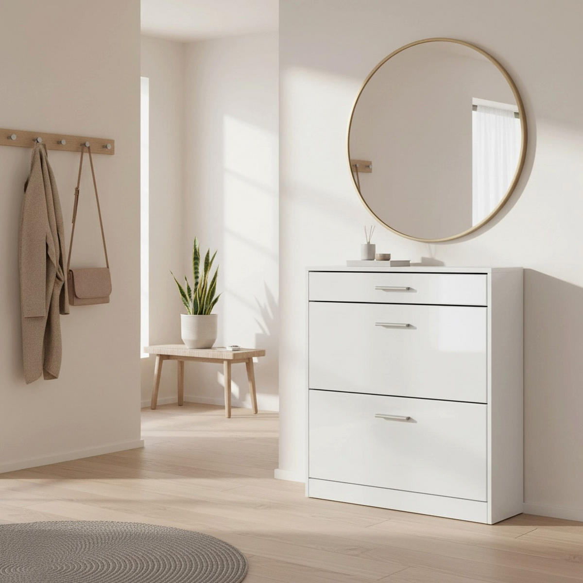 SCHUHSCHRANK Roma Schmal mit 2 Klappen und 1 Schublade, Platzsparender Schuhkipper, Weiß matt/Weiß Hochglanz (89 x 95,5 x 23 cm) - Weiß Hochglanz, Holzwerkstoff (89/95.5/23cm) - InnoFurn