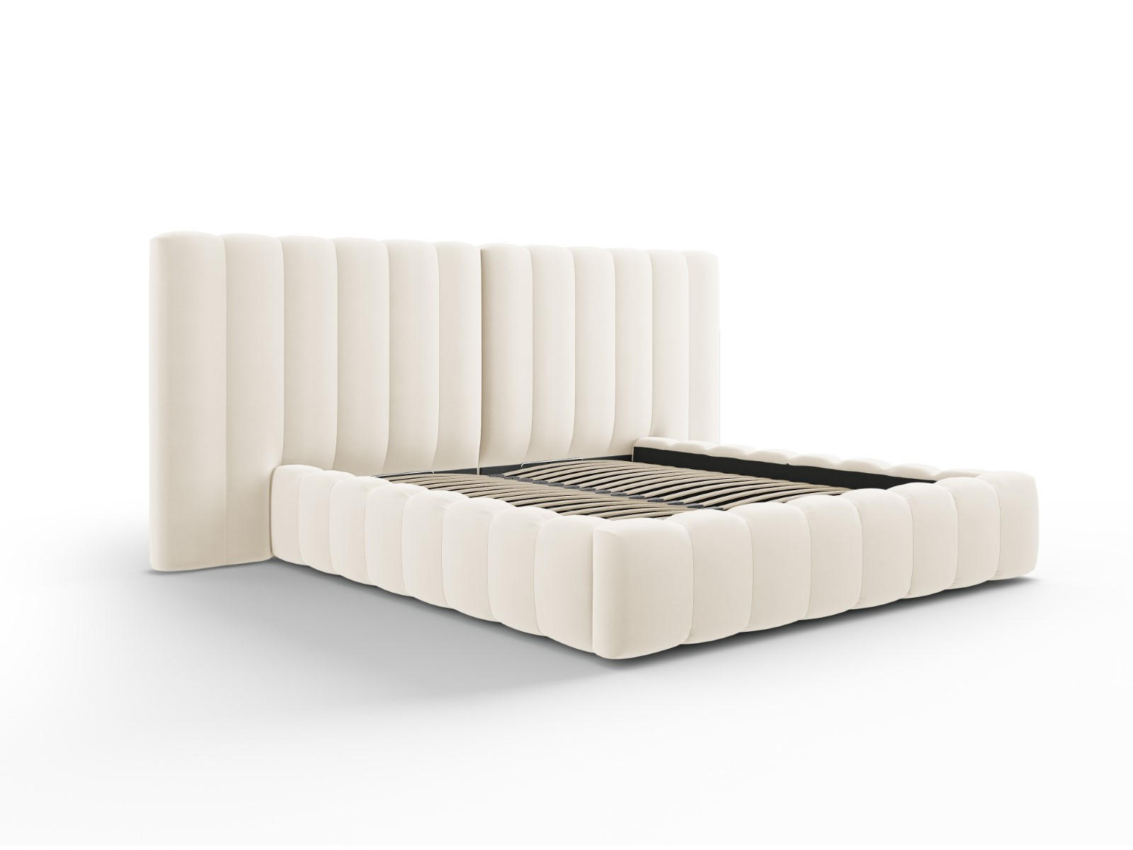 BETT mit Bettkasten und Doppelkopfteil Kelp aus Samt leichtes beige 140x200cm - Beige, Textil (140/200cm) - Micadoni