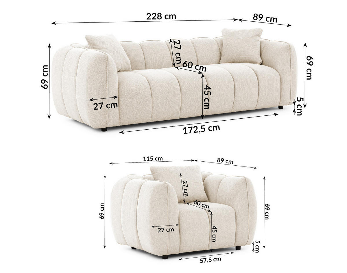 SITZGARNITUR 3+1 Nubira in tief gesteppter Bubble-Optik aus weichem Hellbeige Strukturstoff im modernen Design - Beige/Schwarz, Holz/Kunststoff (228/69/89cm) - S-Style Möbel