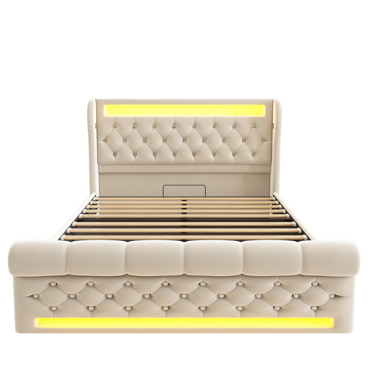 POLSTERBETT 140/200 cm Beige mit LED-Beleuchtung, Stauraum und USB- und Type-C-Anschlüssen - Beige, Textil (140/200cm) - Flora Grace