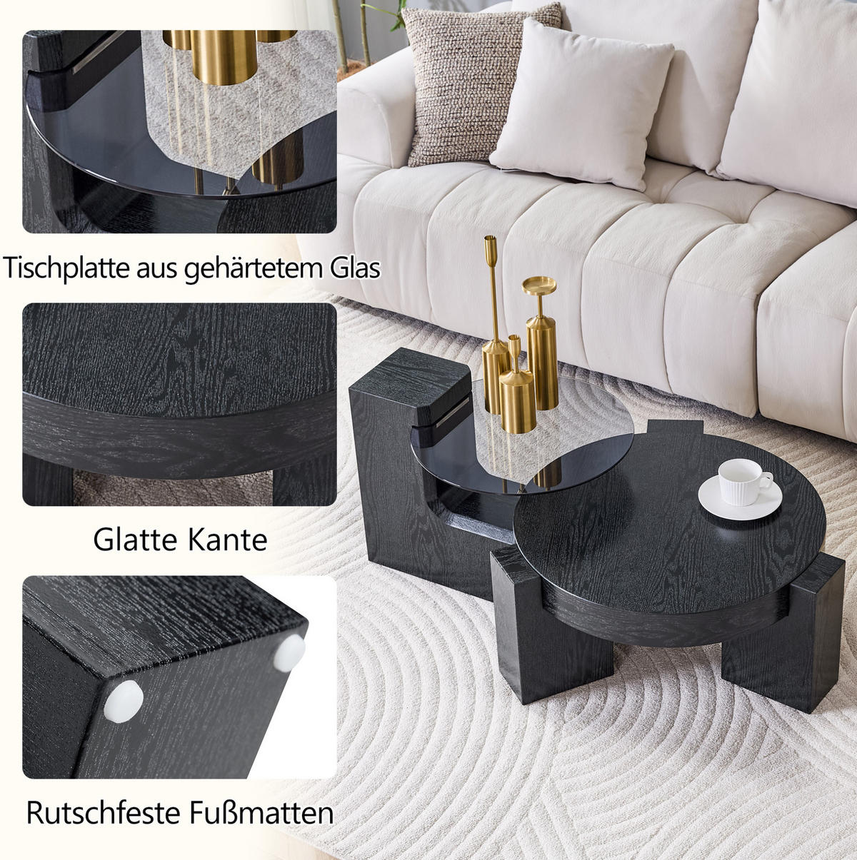 COUCHTISCH rund 61/44 cm in Schwarz aus MDF und Glas mit zweistöckigem Design - Schwarz, Holzwerkstoff (61/61/30cm) - OKMYHOME