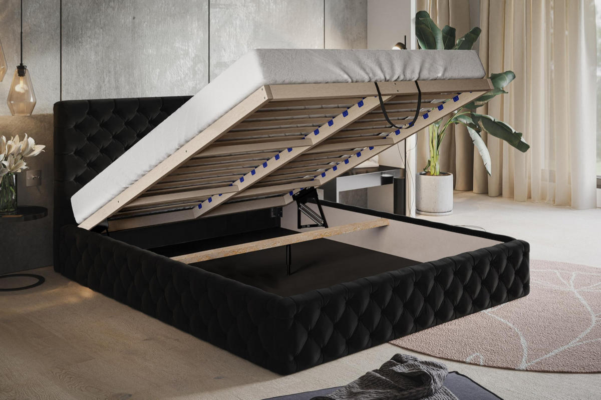 BETT 180x200 - Polsterbett mit Bettkasten und Holzrahmen - Elegant Betten - Weicher Jasminstoff - Kollektion Miami, Schwarz - AlpiMeble - Schwarz, Holz/Kunststoff (180/200cm) - Alpi-Möbel