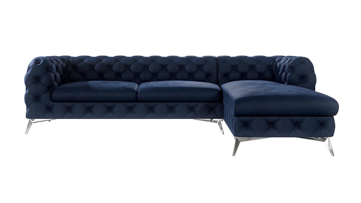 ECKSOFA Chesterfield Laura Marineblau Samt - Silberfarben/Dunkelblau, Holz/Textil (305/200cm) - S-Style Möbel