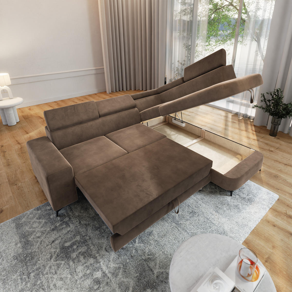 ECKSOFA ALVORO R-S Beige Velours-Stoff mit Schlaffunktion - Beige, Holz (253/190cm) - MASSENO