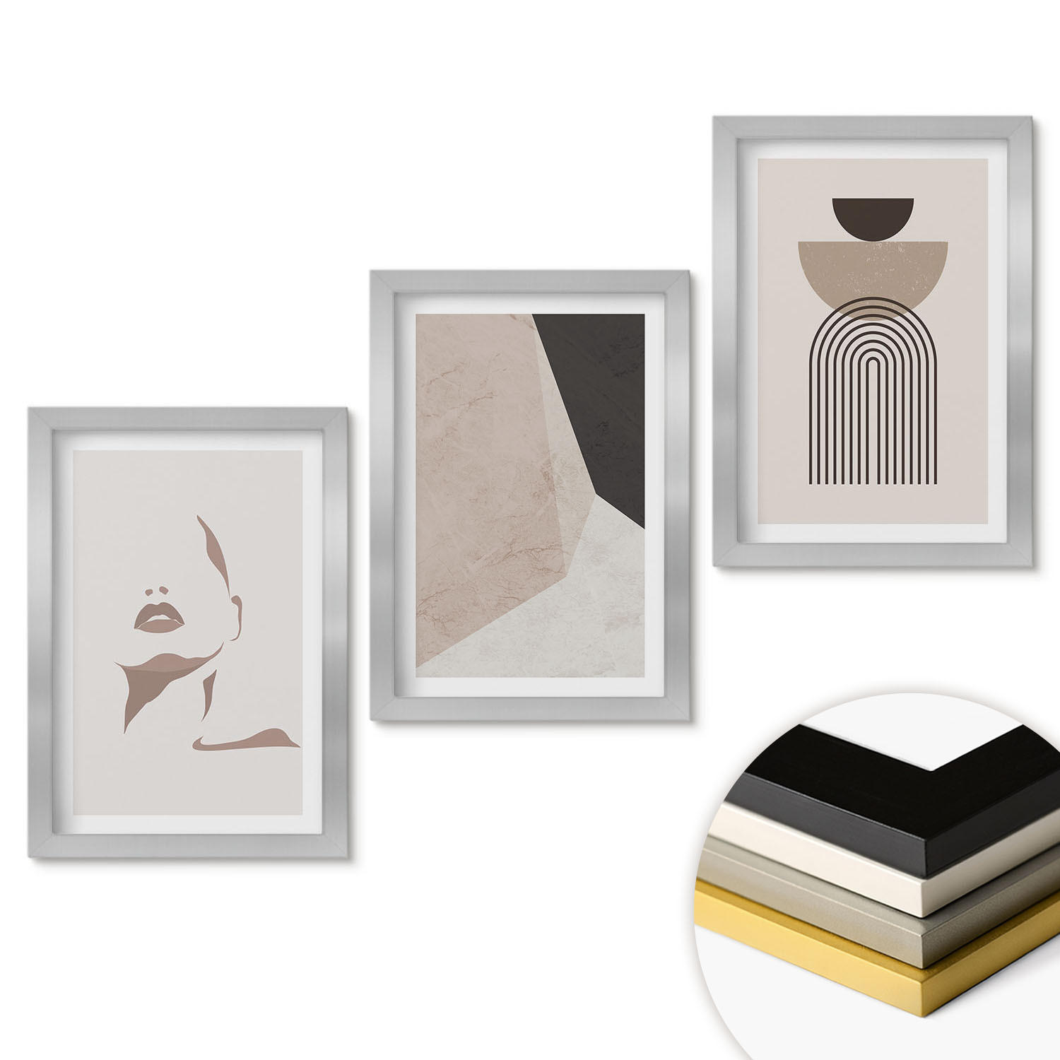 WANDBILDER 3er Set - 20x30 cm Silberner Rahmen - Abstrakte Gesichtsformen - Silberfarben, Kunststoff (20/30cm) - ArtPrintCave