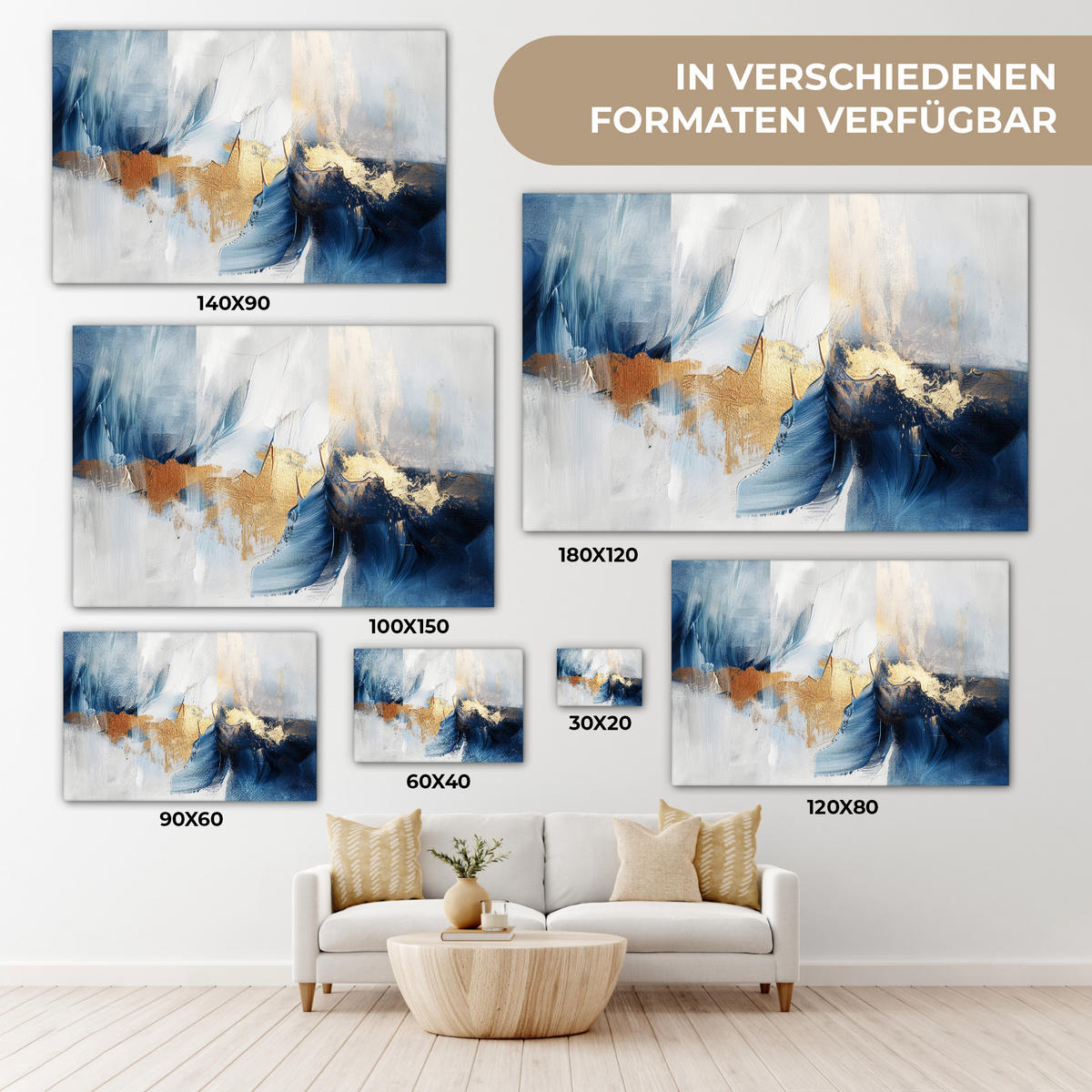 LEINWANDBILD Gold - Blau - Aquarell - Kunst - Modern Groß 140x90 cm - Hellblau, Textil (140/90cm) - MuchoWow