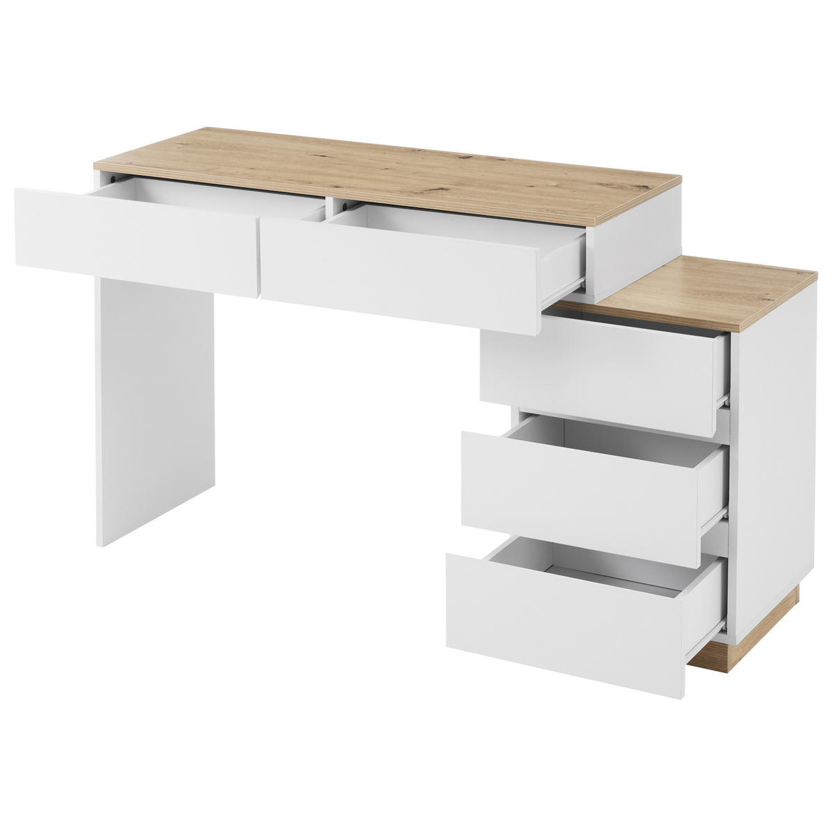SCHREIBTISCH mit 5 Schubladen in Weiß/Eicheoptik - Weiß, Holzwerkstoff (120/60/75cm) - BEAOK