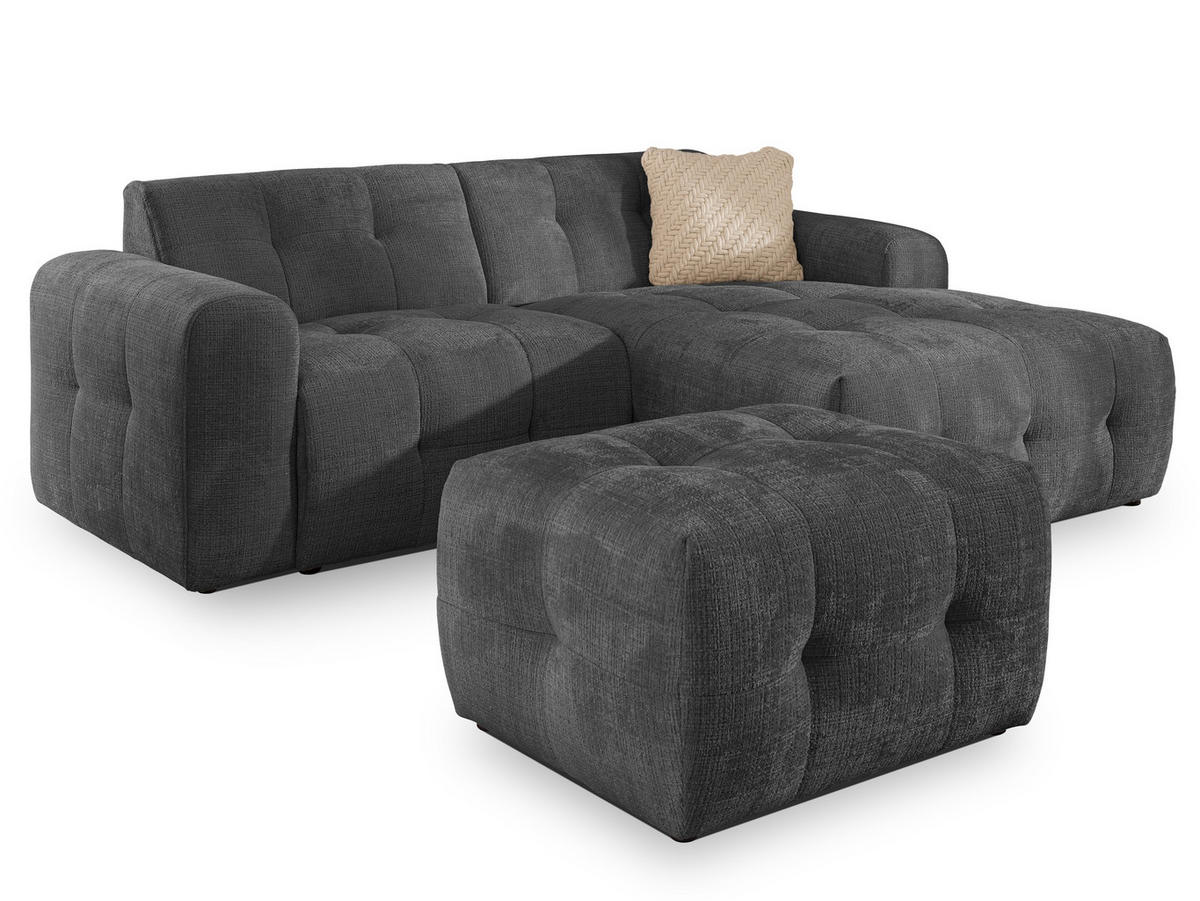 ECKSOFA inkl. Hocker Kozy im Bumpy-Design mit Schlaffunktion und fester Rückenlehne aus weichem Grau Chenille-Stoff - Ottomane rechts - Schwarz/Grau, Holz/Kunststoff (234/161cm) - S-Style Möbel