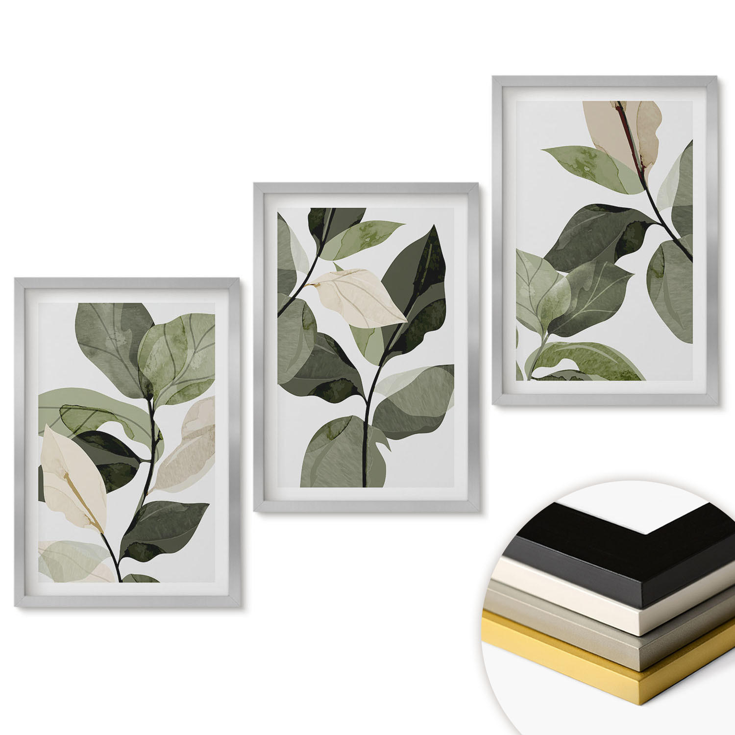 WANDBILDER 3er Set - 40x60 cm Silberner Rahmen - Bemalte Boho-Pflanzenblätter - Silberfarben, Kunststoff (40/60cm) - ArtPrintCave