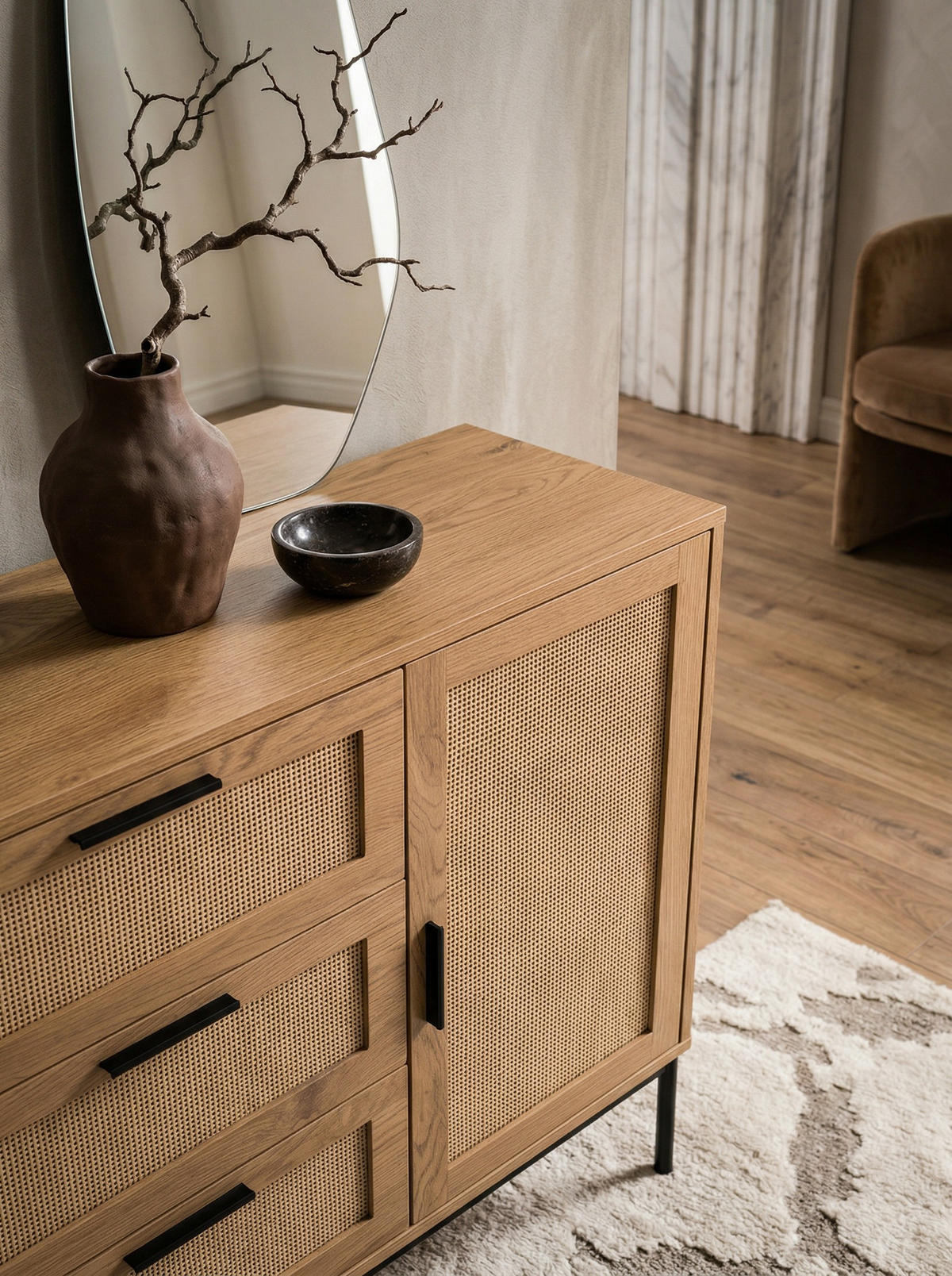 KOMMODE – Eiche-Dekor/Rattan, 80x82x36 cm, 3 Schubladen, 1 Tür, modern - Schwarz/Braun, Holzwerkstoff/Metall (80/82/36cm) - KADIMA DESIGN