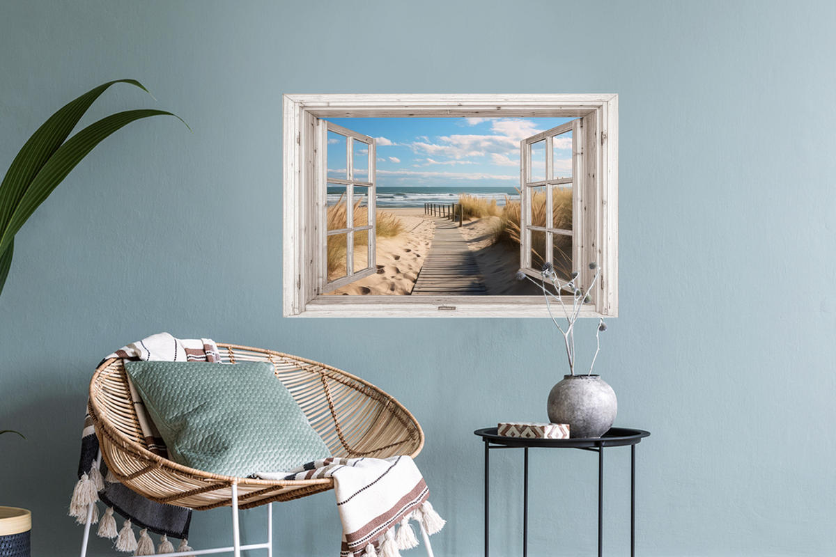 WANDTATTOO Fenster - Meer - Küste - Natur - Ausblick - Strand - Wattenmeer 60x40 cm - Beige, Kunststoff (60/40/0.1cm) - MuchoWow