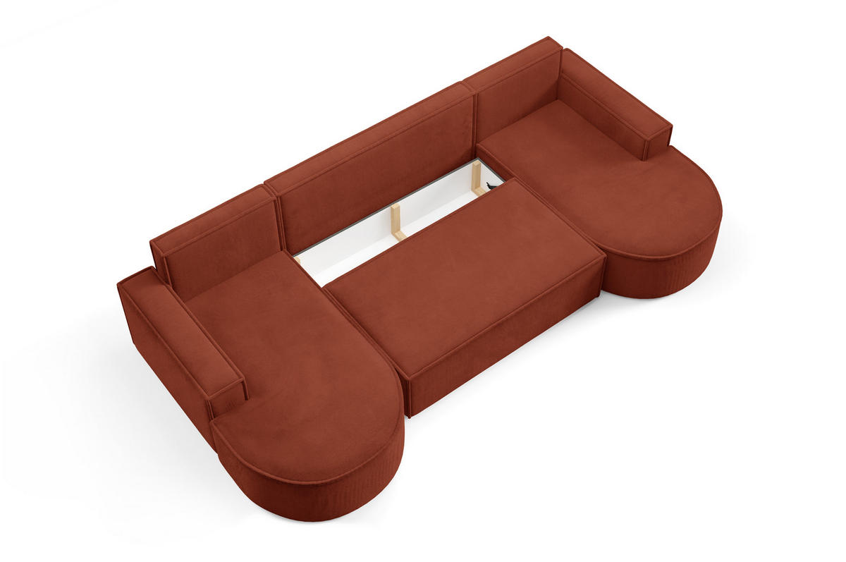 ECKSOFA MOLLY U Freistehendes, mit Schlaffunktion, 140x273cm, Bettkasten und Abnehmbaren Kissen – 316x157x88cm, Curio Stoff, Braun - Rotbraun, Holz/Textil (316/157cm) - DomoHome