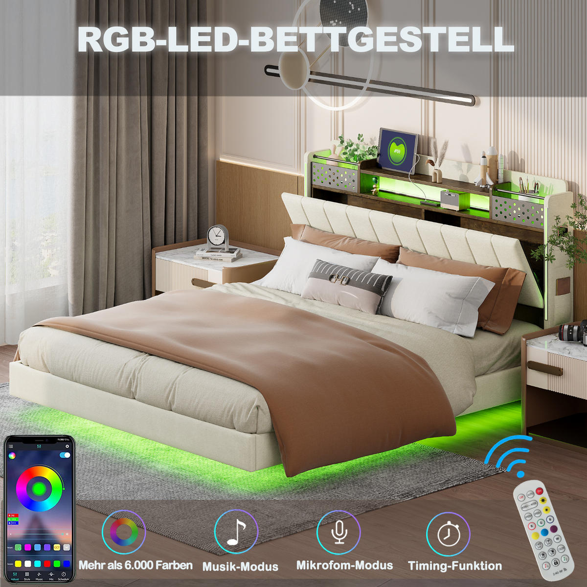 POLSTERBETT 160/200 cm Beige aus Leinenstoff mit LED und USB - Beige, Textil (160/200cm) - OKMYHOME