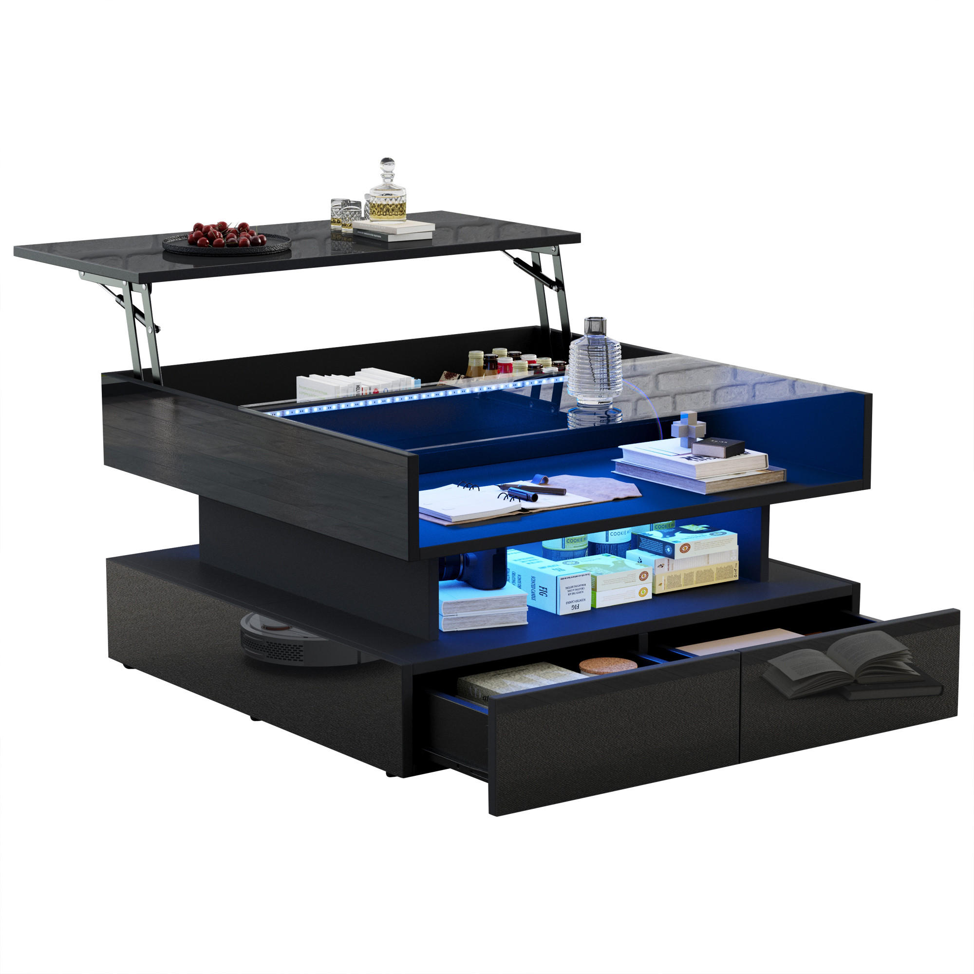 COUCHTISCH höhenverstellbar, Hochglanz schwarz, Glasplatte & Stauraum, 80/80/45 cm,Schwarz - Schwarz, Holzwerkstoff (80/80/45cm) - Redom